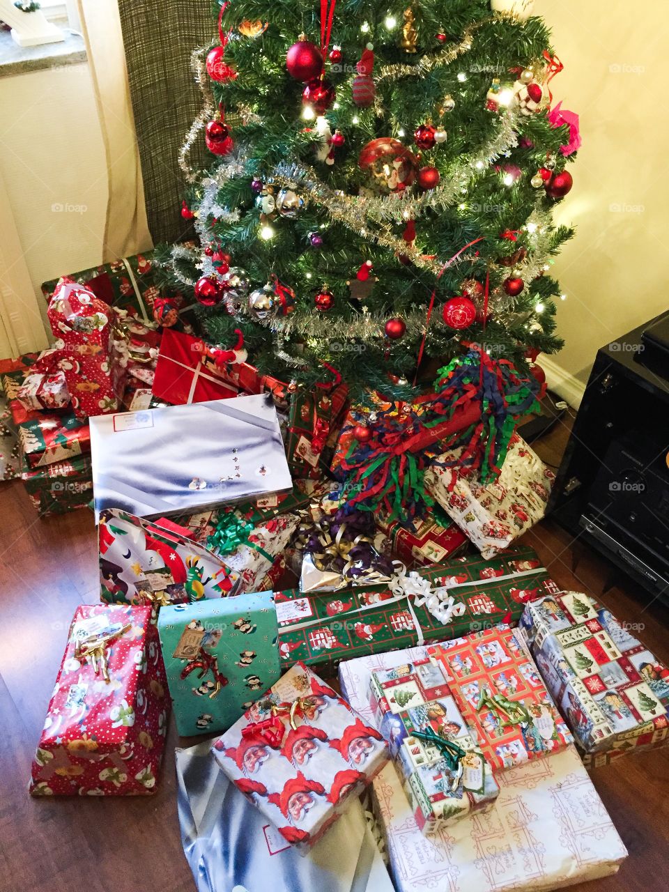 Christmas tree with gifts in Malmö Sweden, traditional Swedish christmas.