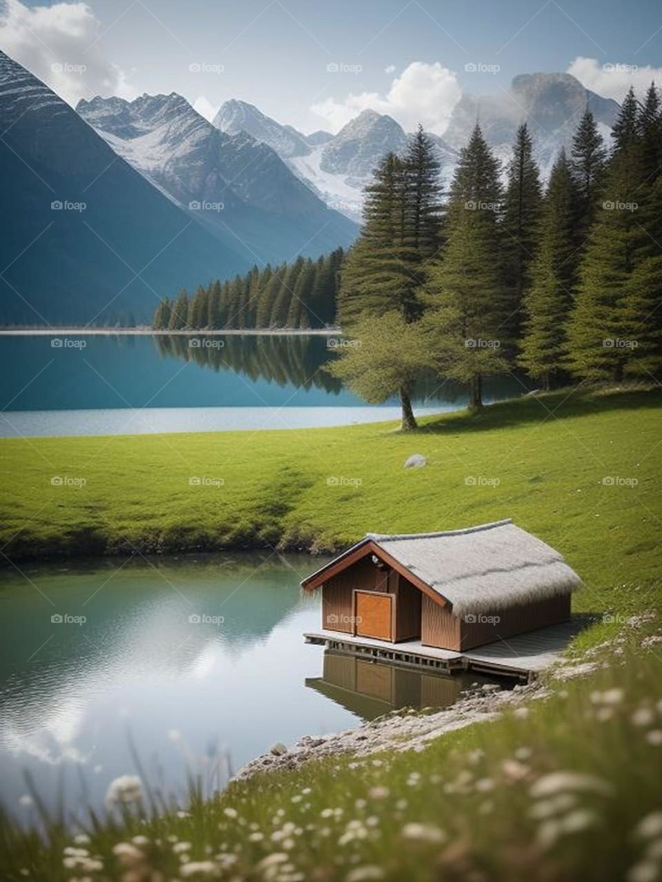 Belle vue d'un chalet au bord du lac