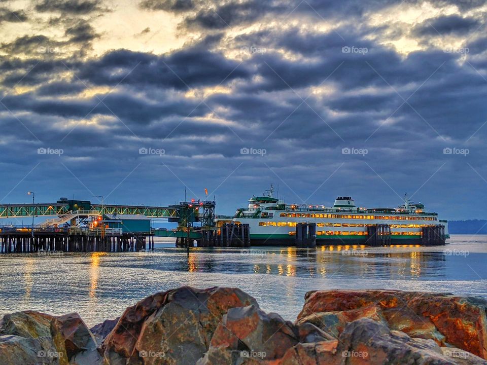 Washington State Ferry during a cloudy sunset