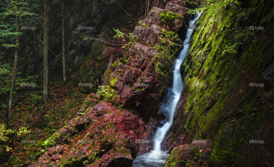 A winding waterfall rushes through mossy forest in Wisconsin 