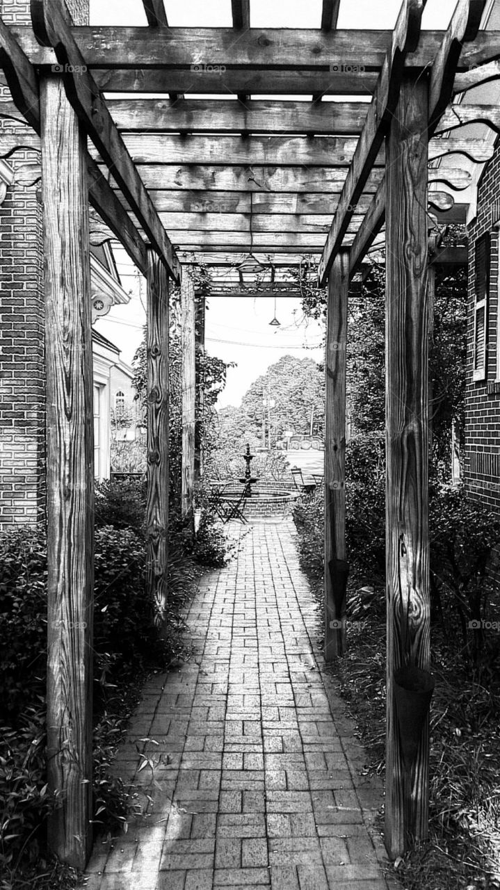walkway. trellis lined walkway to courtyard of restaurant