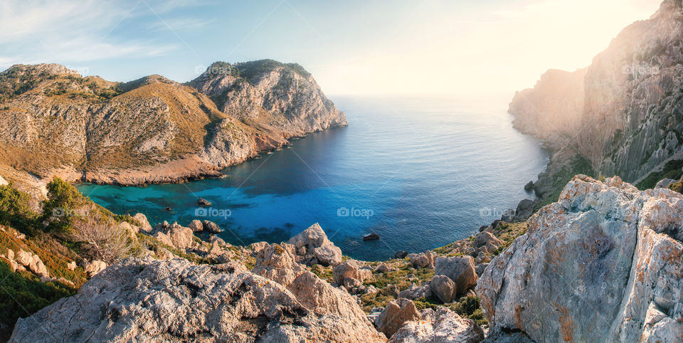 View of the one of the beutiful Bay of Cape of Formentor at sunrise. Mallorca, Spain