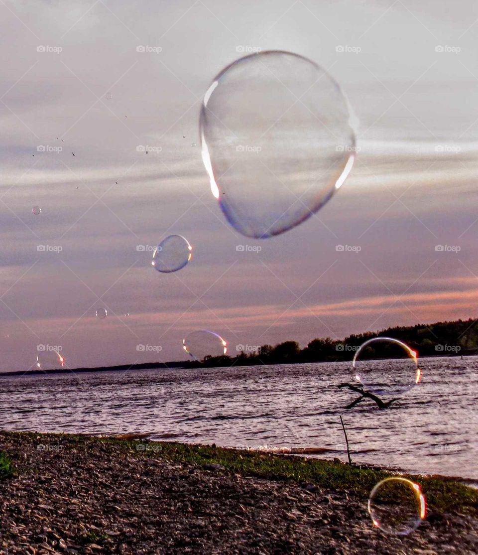 Beautiful Reflected Bubbles Floating Over Lake "Float Away"