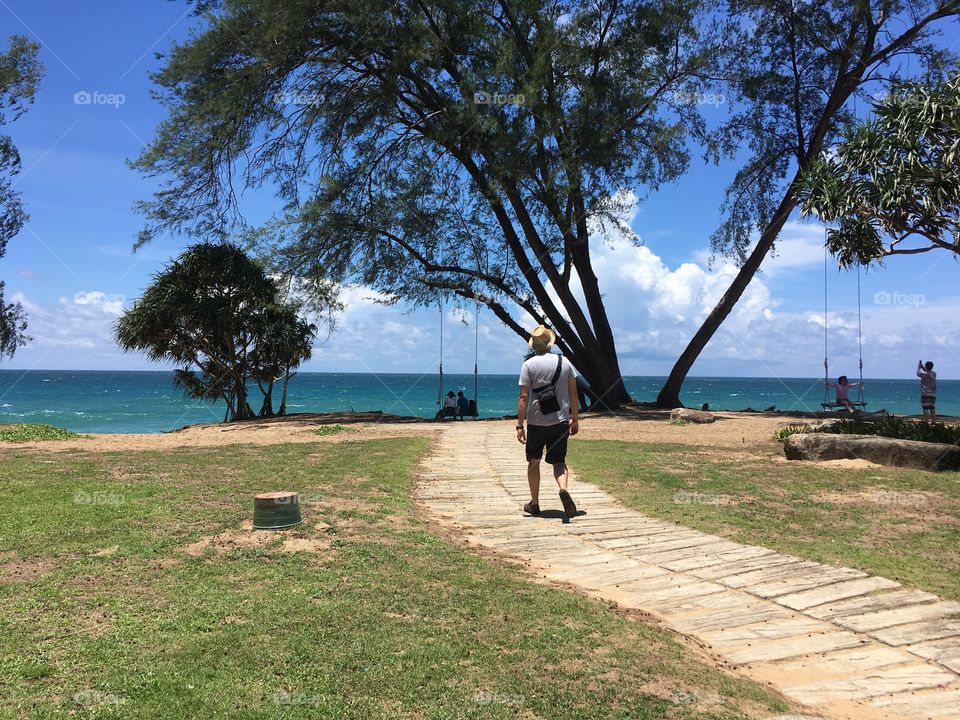 Man exploring beautiful tropical seaside with tree with swings 