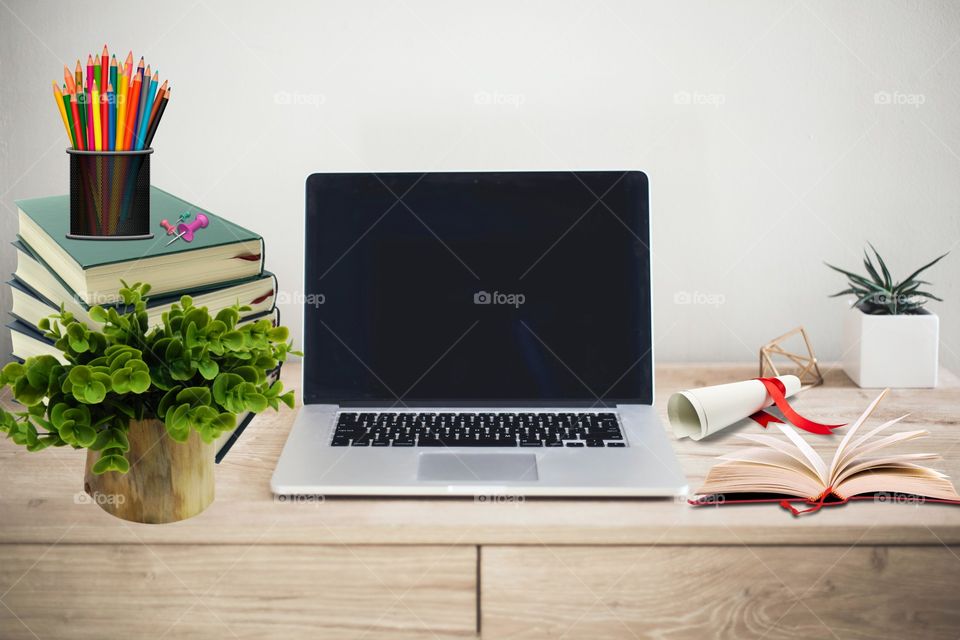 Full HD desk picture with books or laptop for education or business concept