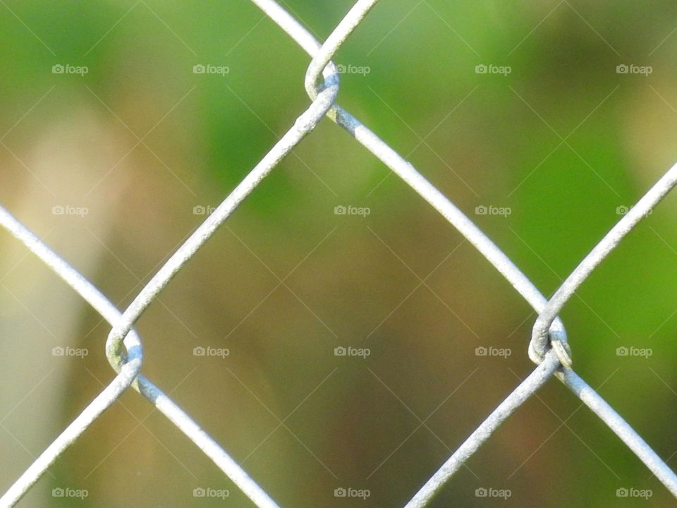 Chain links metal fence macro closeup with forest background blurred during morning day time with sunlight.