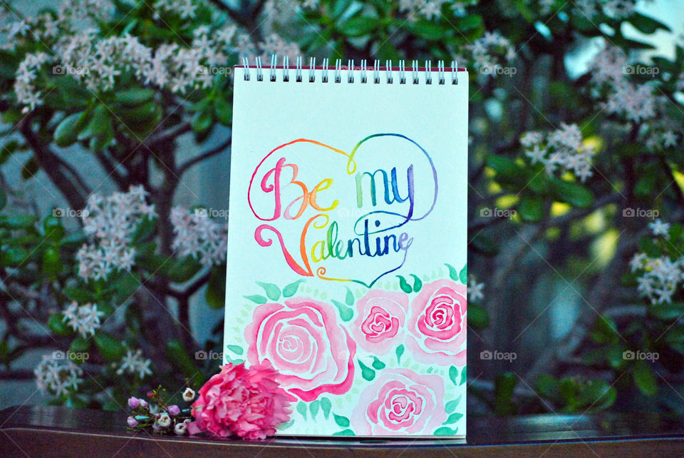Be My Valentine, Hand painted card, rainbow, lettering, watercolor, garden setting