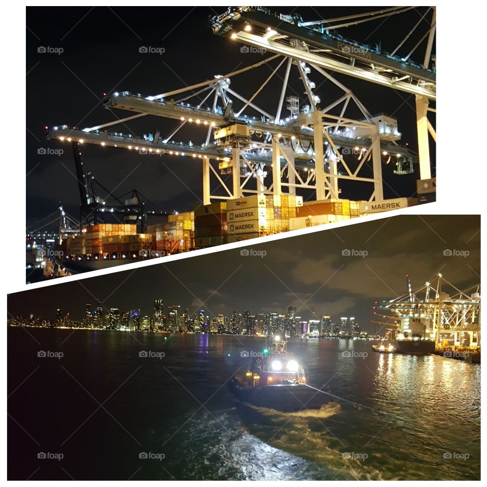 (top) Port of Miami 
(bottom) Downtown Miami with the tug boat/pilot boat showing Viking Star to the Atlantic to head to Cuba.