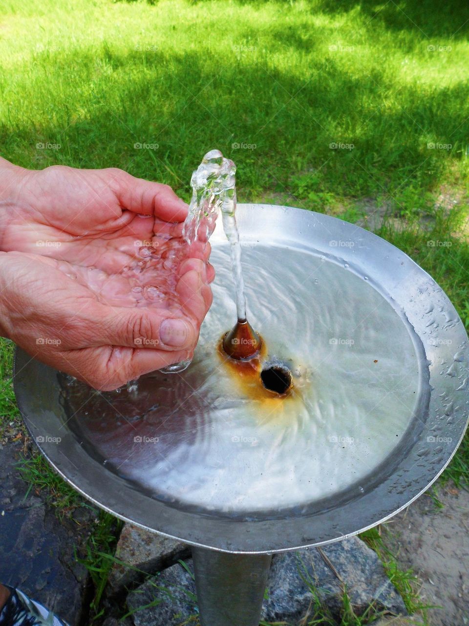 female hands are placed under running water from a drinking fountain