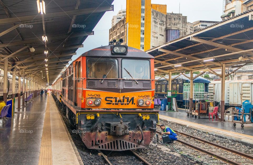 a trian at the Platform of the old main railway station Hua Lamphong in Bangkok Thailand Southeast Asia
