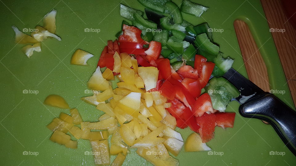 Yellow, red & green bell peppers.
