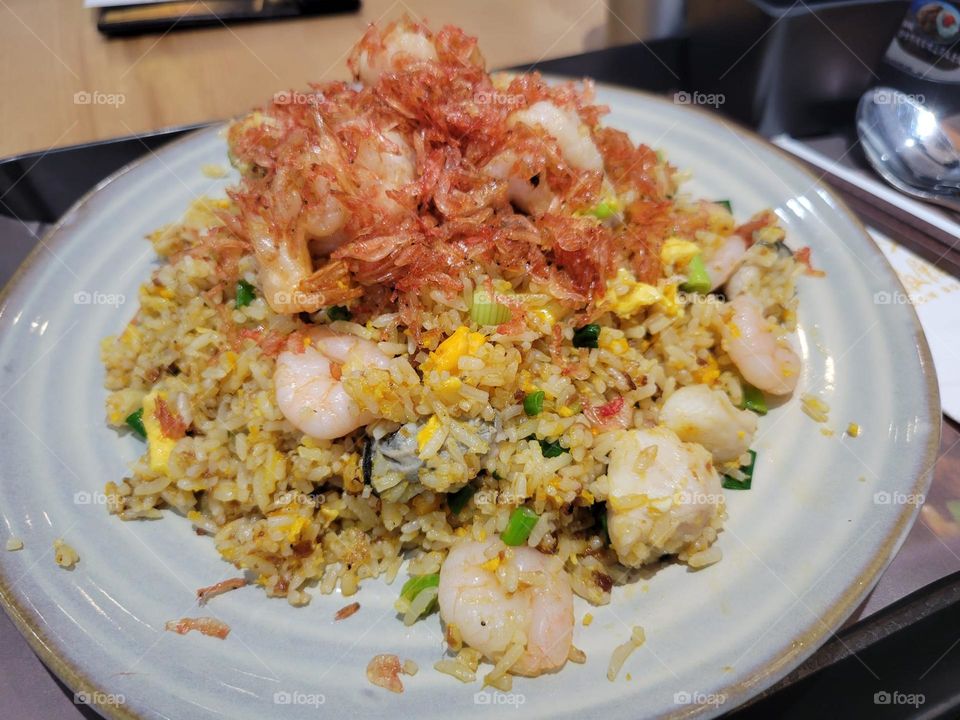 Fried rice with egg, prawns, cherry blossom shrimp and diced scallops