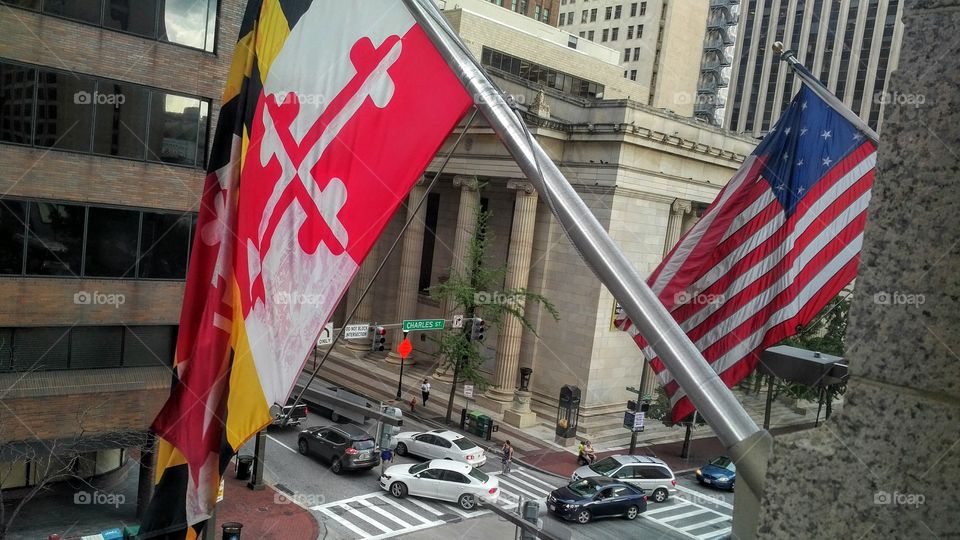 American and Maryland Flags Overlooking Intersection of North Charles Street and West Baltimore