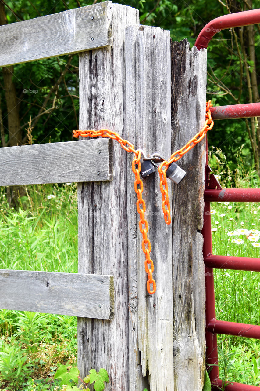 Padlocked red gate  and wooden post using an orange chain