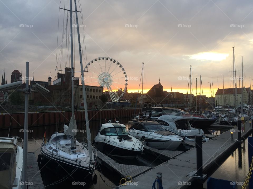 Yachts in marina in Gdansk on sunset