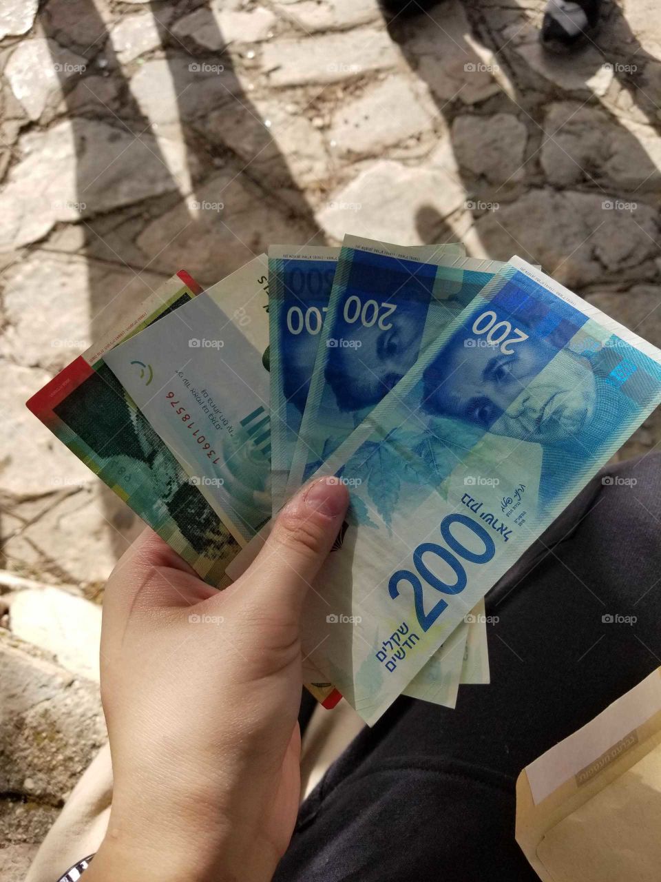 These are Israeli Shekels. They come in all different colors. These Shekels are blue and red. These would amount to ove 600 Shekels.