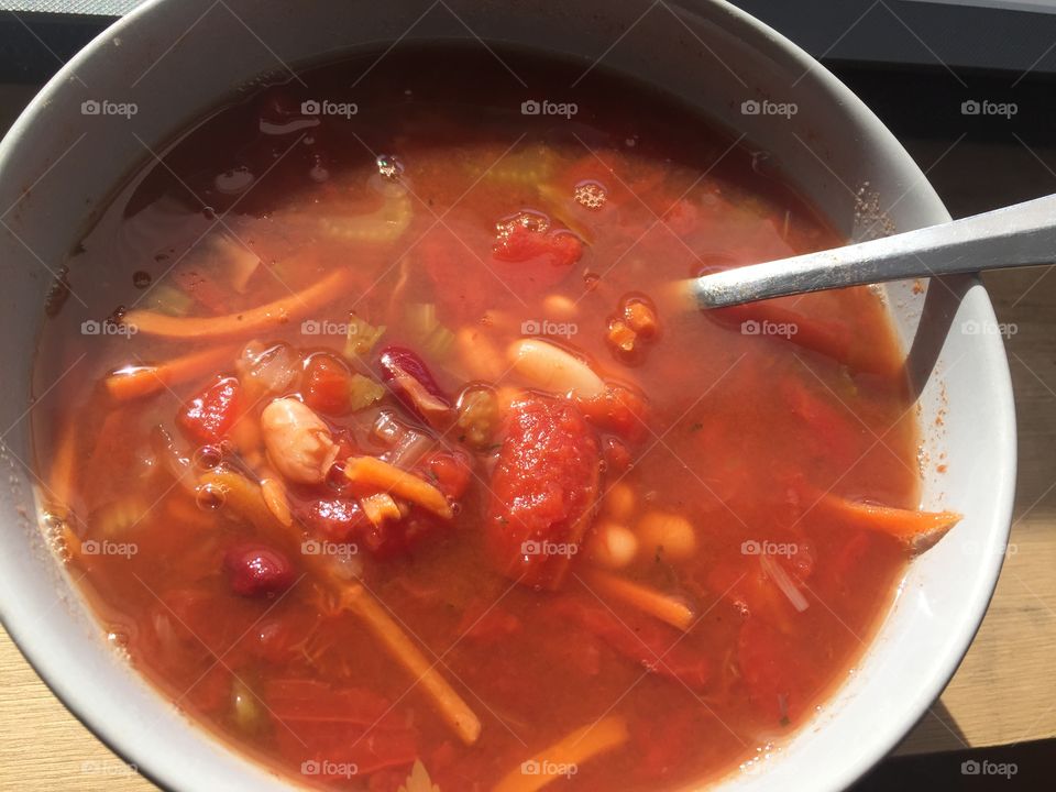 Tomato bean soup with carrots celery mushrooms no meat or dairy - vegan