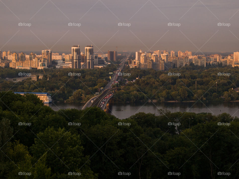 a beautiful view of the city's high-rise buildings from behind the green crowns of trees illuminated by the warm rays of the sun on a summer evening 3