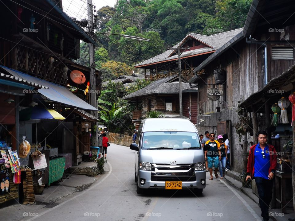 The narrow, winding streets of Mae Kampong. This is a small village in Chiang Mai, Thailand.