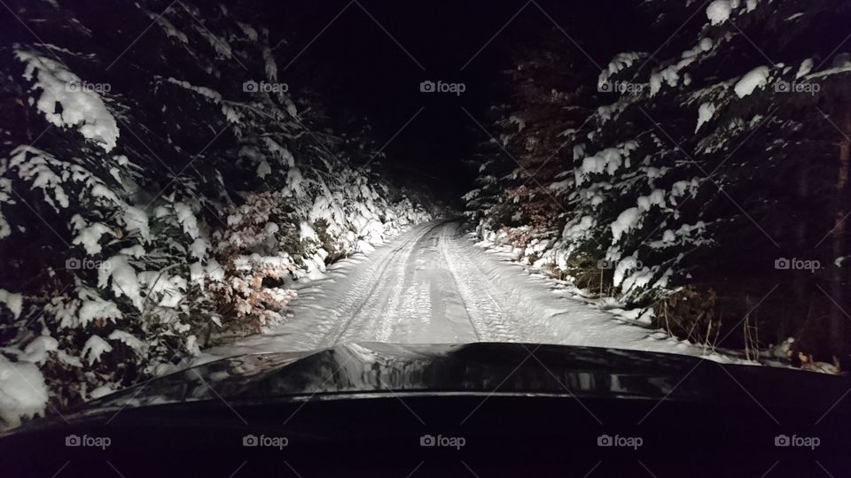 snowy road in the night
