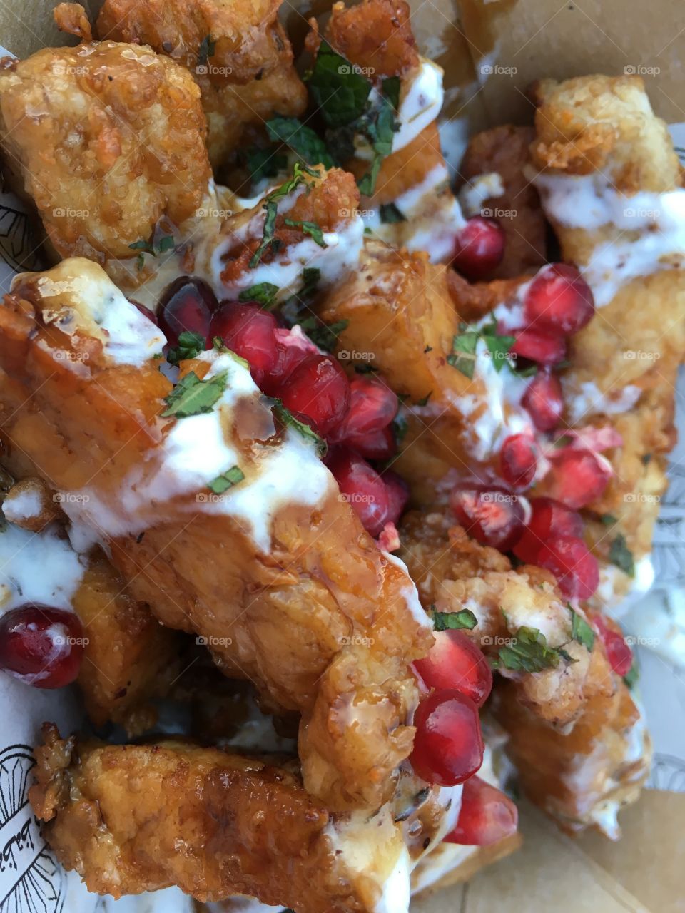Close up view of Lebanese Halloumi fries with pomegranate seeds and a minty yoghurt sauce 