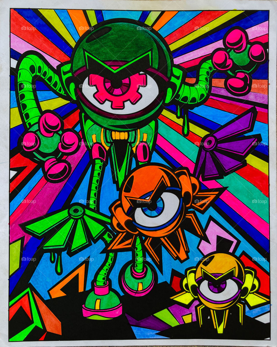 Brightly colored cartoon cyclops bots- graffiti style 