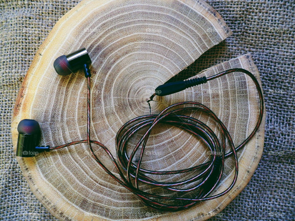 vacuum headphones on the cut of a cut tree