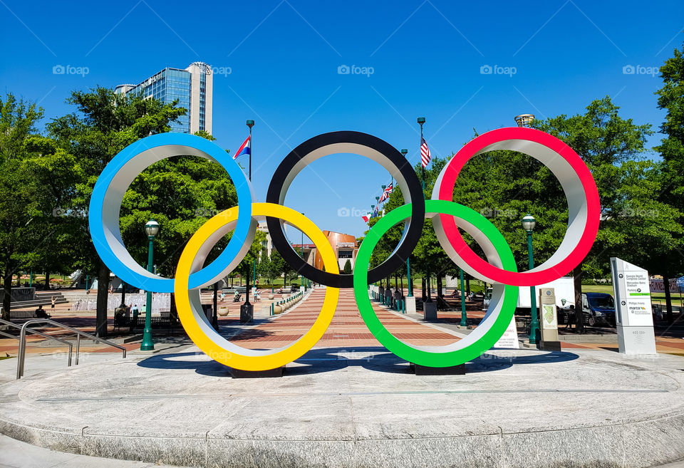 A view of the Olympic Rings in Atlanta, GA's Centennial Park on a hot summer's morning.