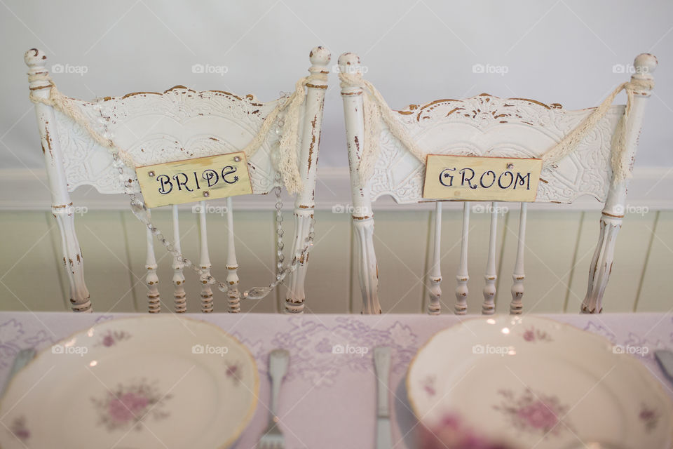 Bride and groom chair head table signs antique style 