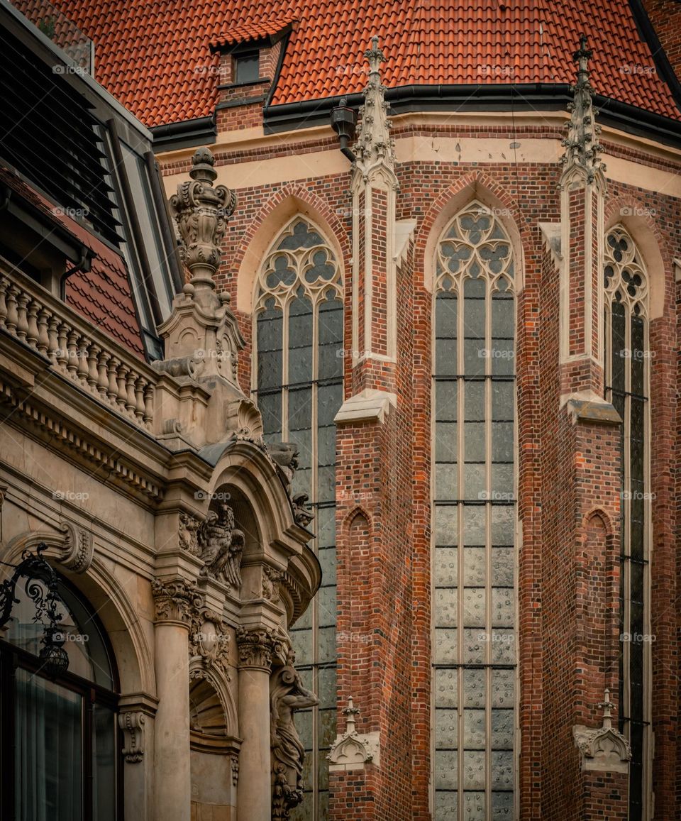 close-up of the beautiful facades of the hotel against the backdrop of a historic church