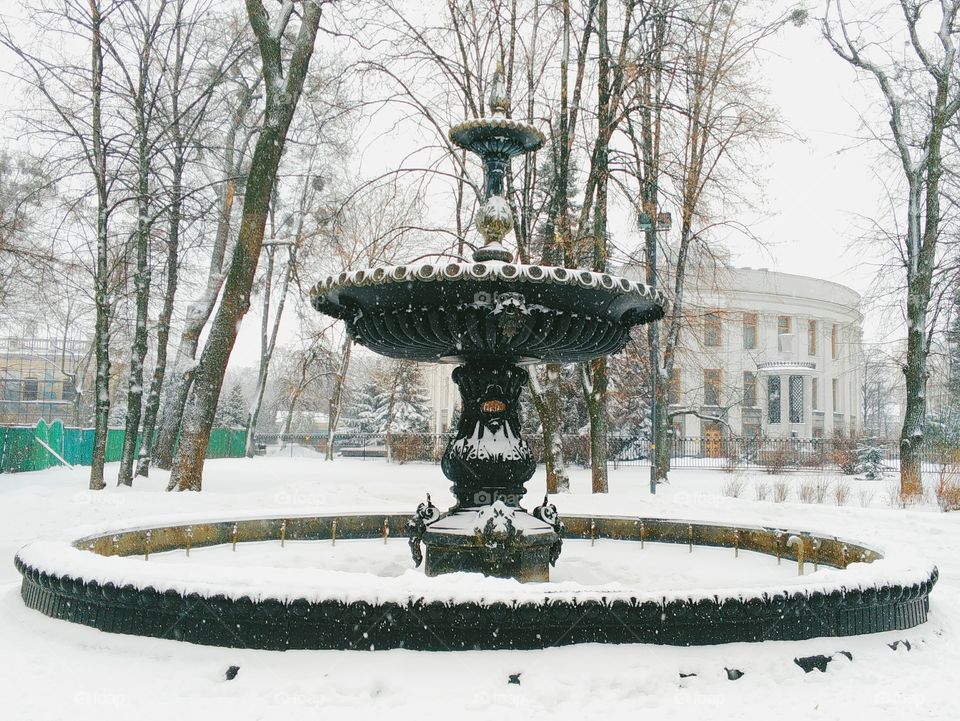 Fountain in Mariinsky Park, the city of Kiev, winter 2017