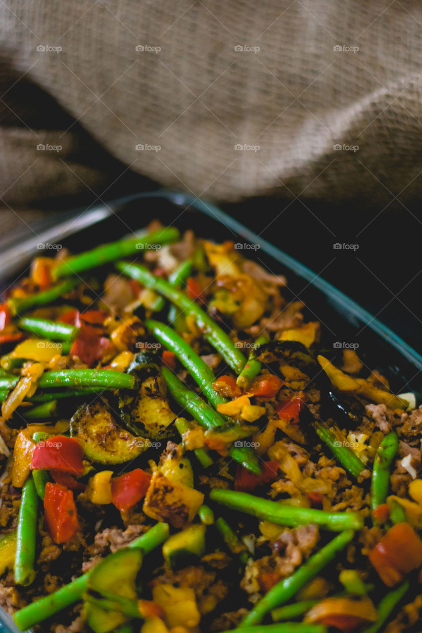 casserole with pasta, cheese, meat and fresh vegetables