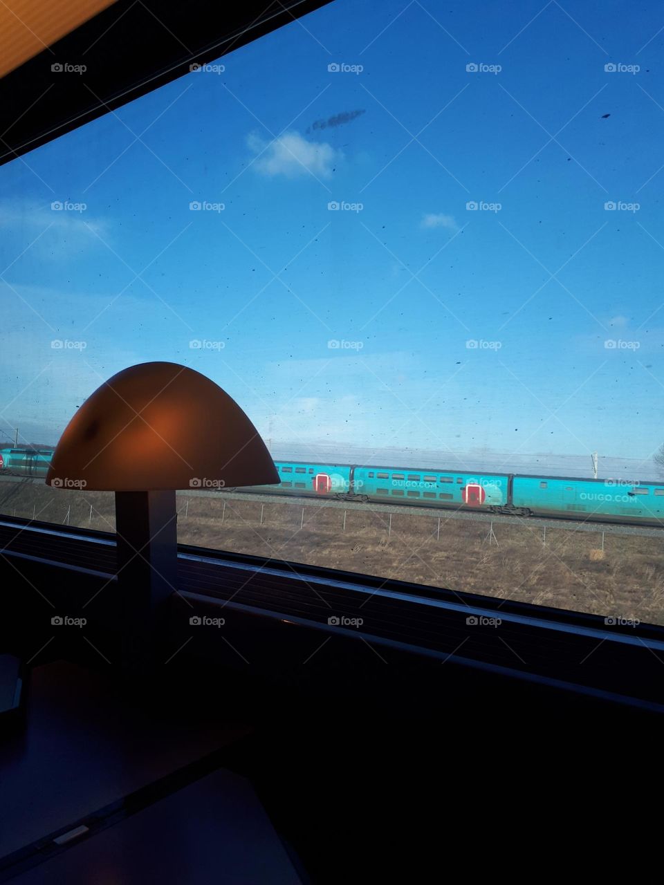 Blue train passing in sunny landscape viewed from other train window.