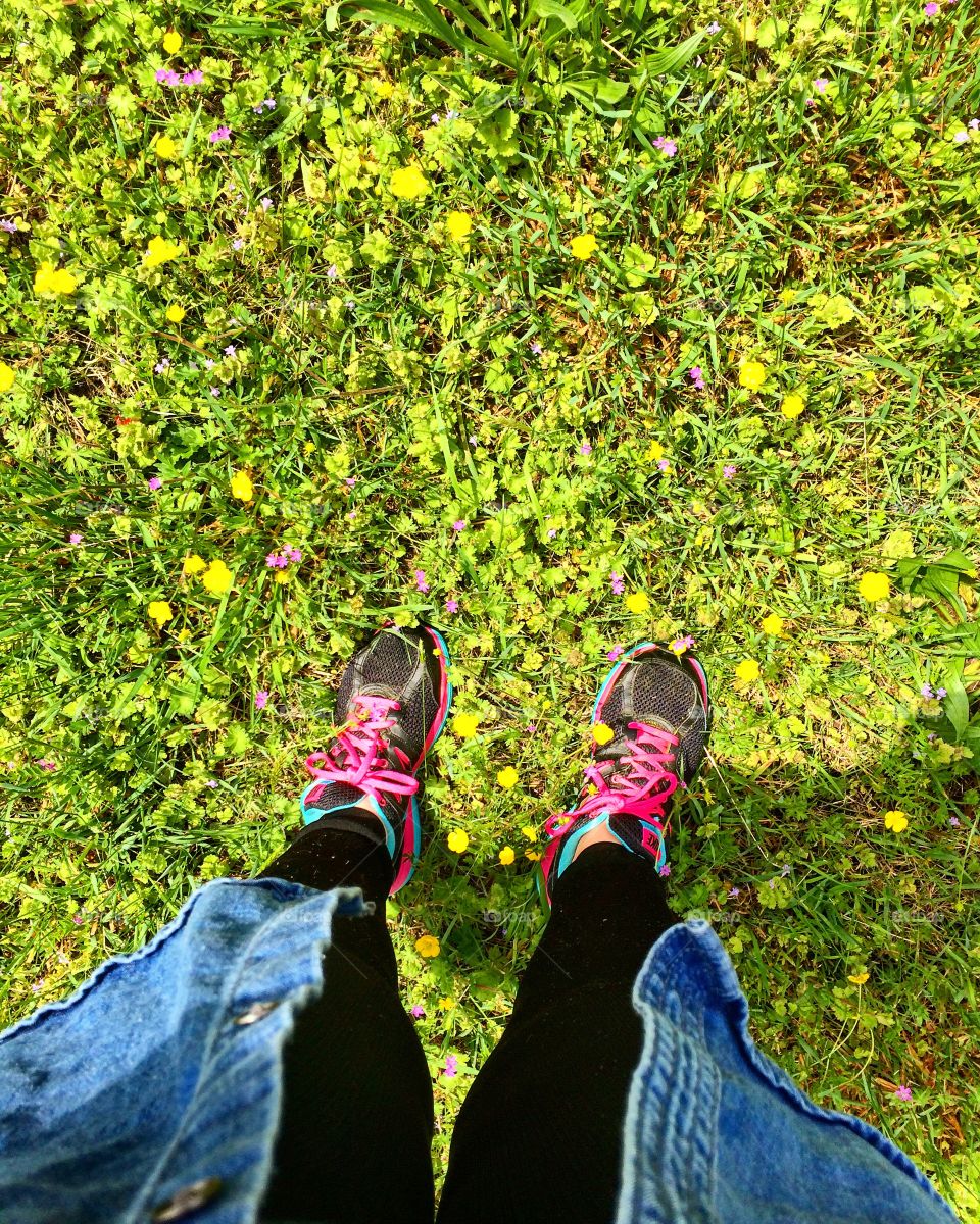 Hiking in the country in a flowered field 