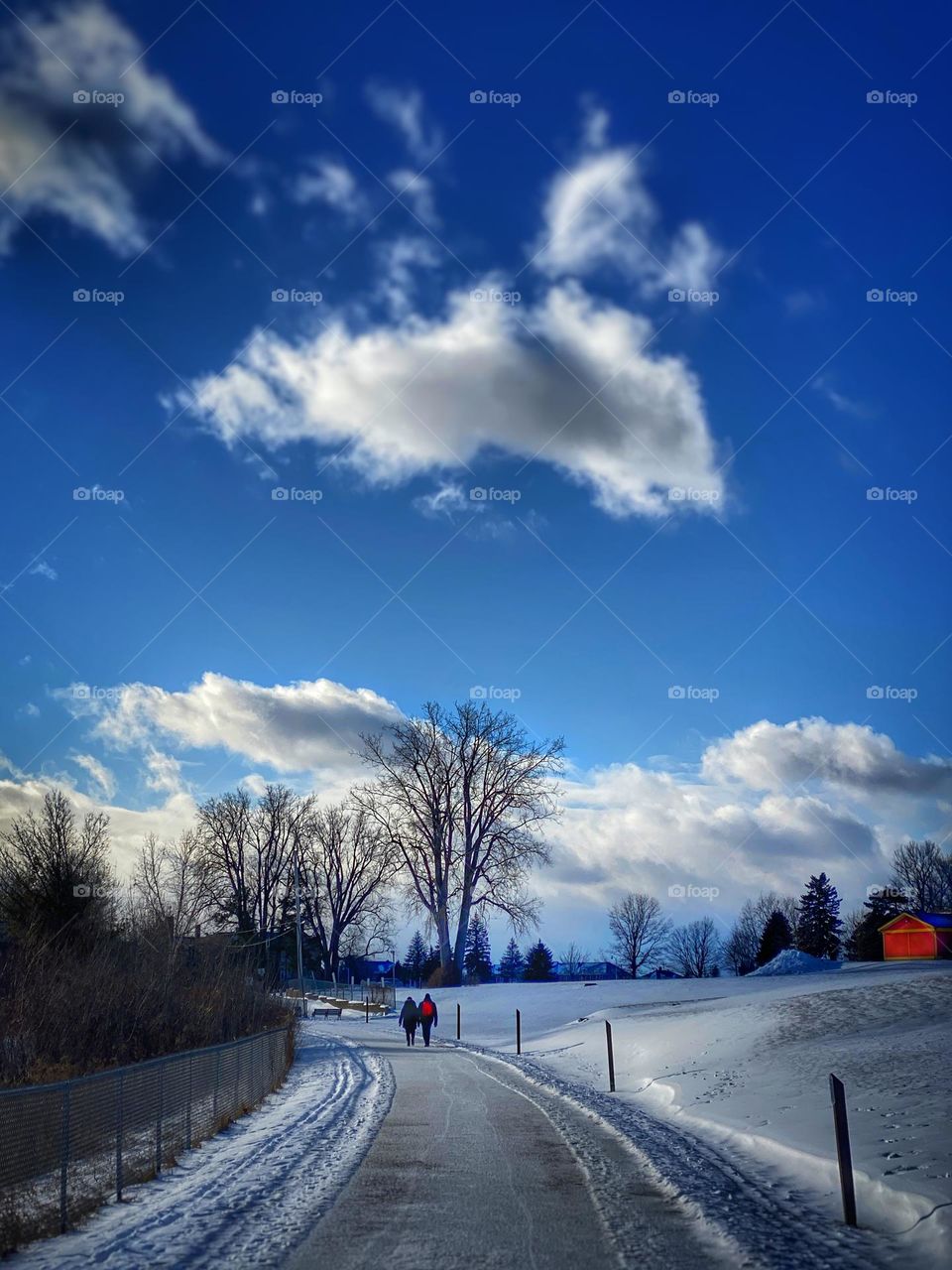 Couple walking on a winding path through a winter landscape 