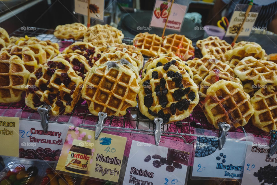 Assorted waffles at a booth in Bangkok, Thailand 