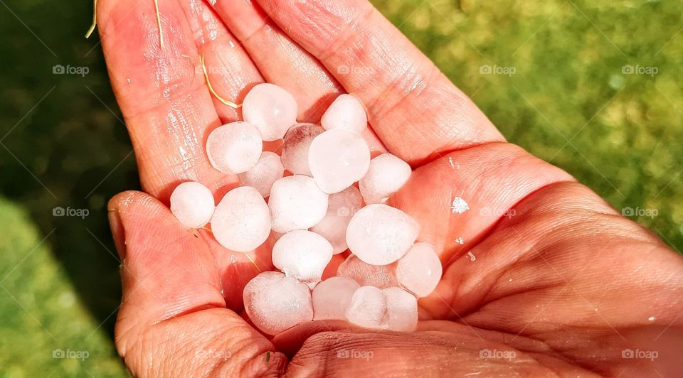 Hailstones! frozen liquid from a storm.