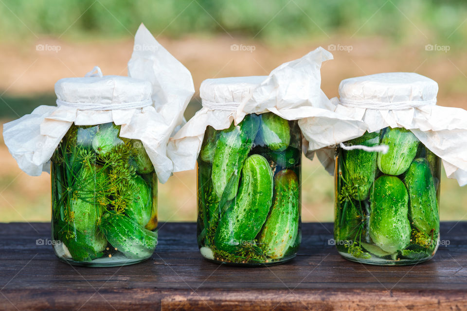 Pickled cucumbers. Pickled cucumbers made with home garden vegetables and herbs