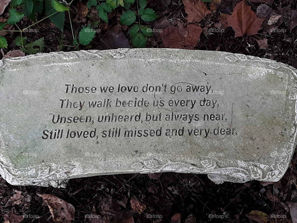 A cute little bench in an Orthadox Christain garden. It says "Those we love dont go away, They walk beside us every day, Unseen Unheard but always near, Still loved still missed and very dear."