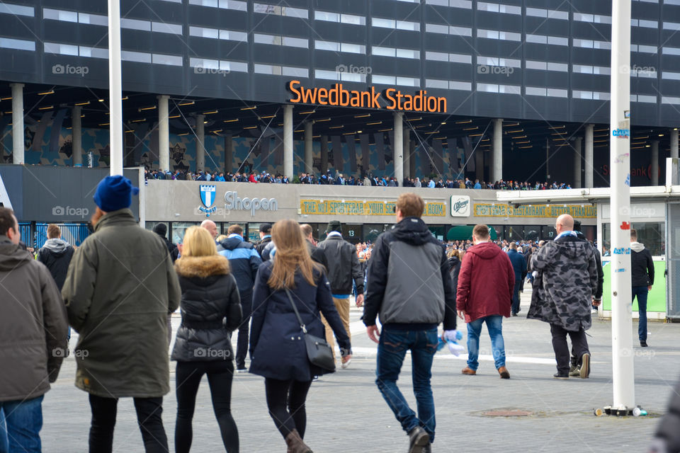 Swedbank Stadium arena in Malmö Sweden. Football game premiere with Malmö top team Malmö FF, start for the football season.