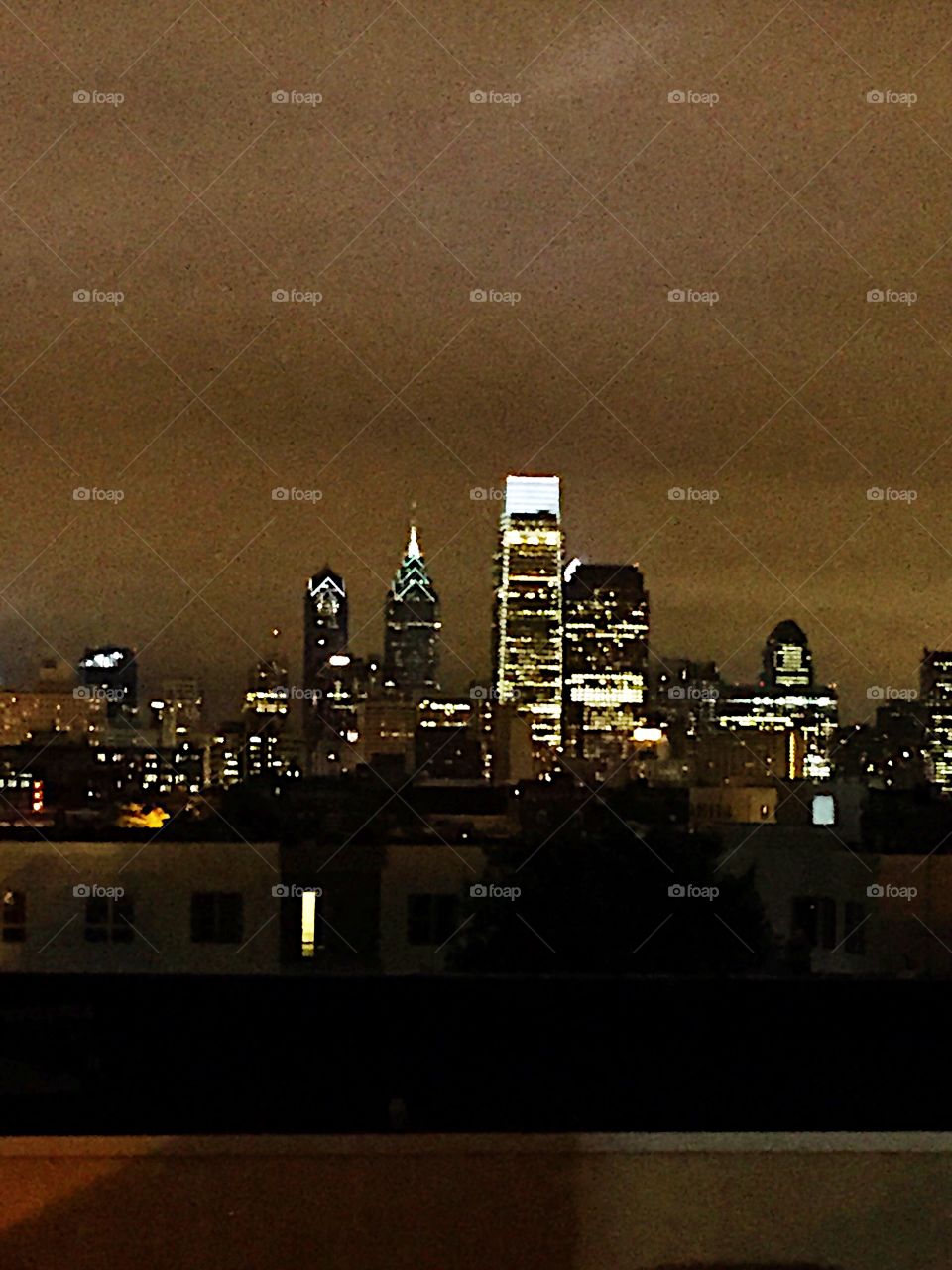 Philadelphia skyline at night; lights; rooftop view