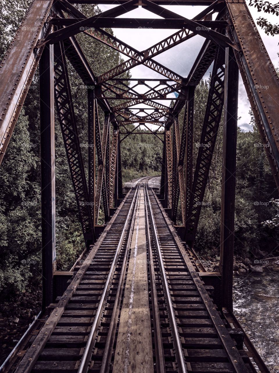 Crossing a bridge on the Alaska Railroad in the summer 