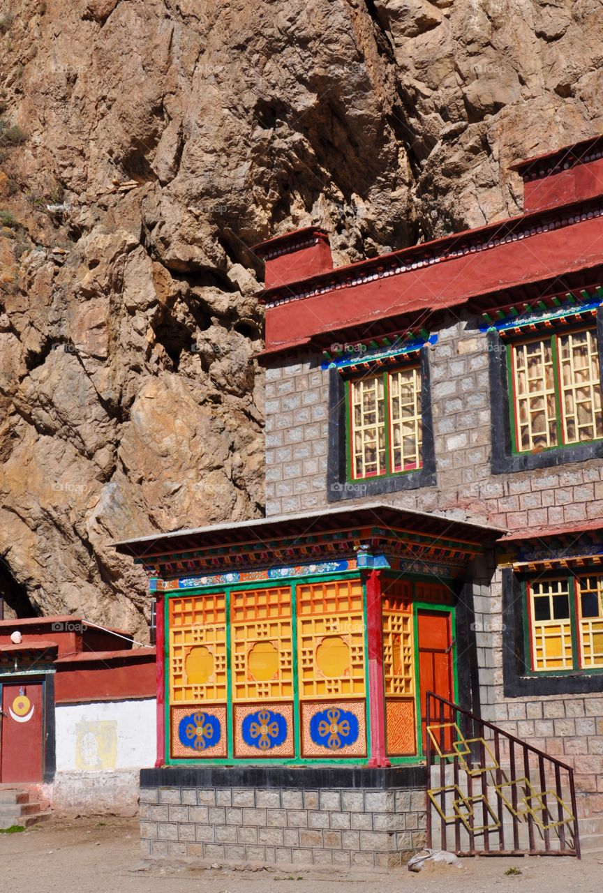 Bright doors of Tibetan mountain monastery 