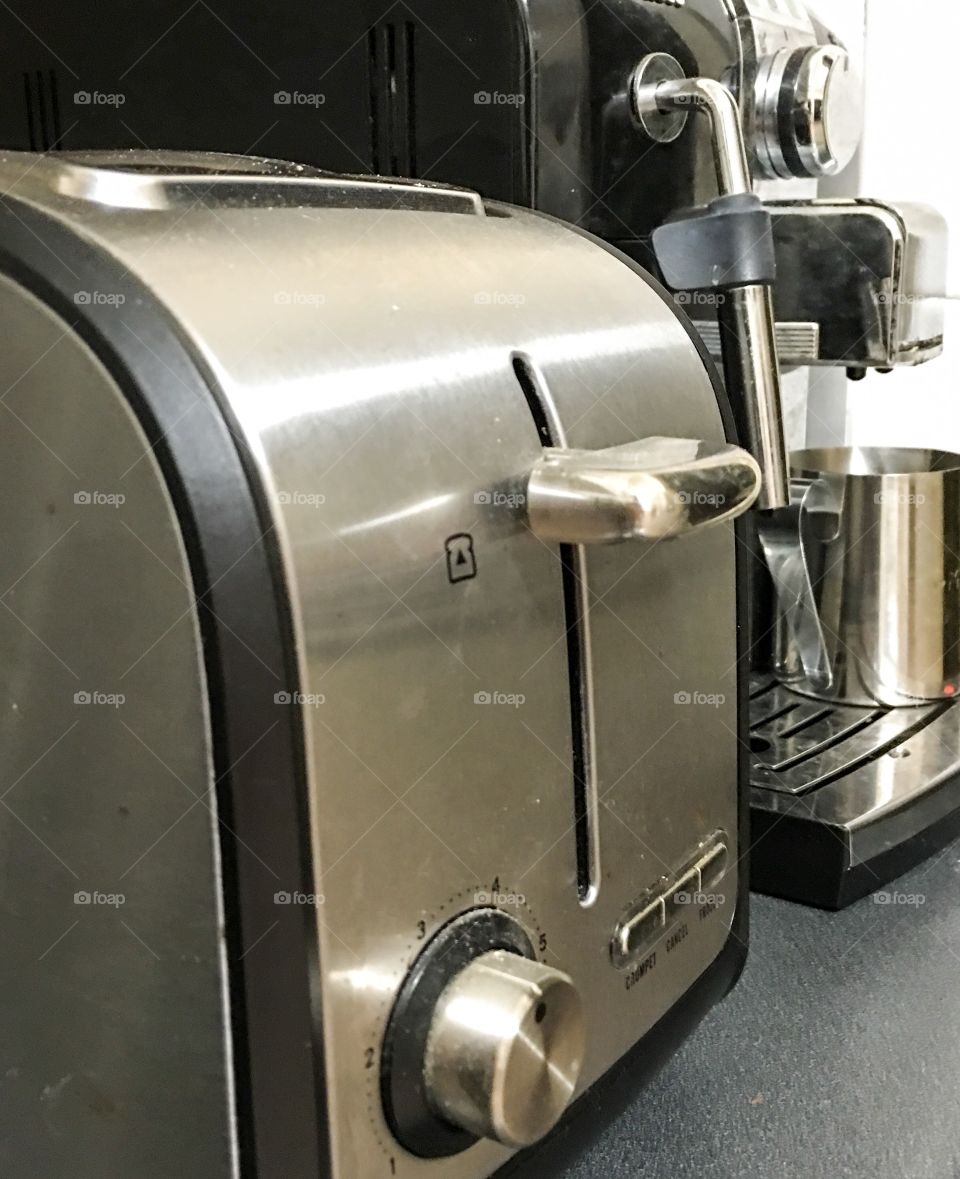 Stainless steel kitchen appliances toaster and coffee maker