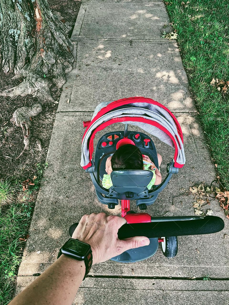 Father pushing baby in stroller, father taking baby for a walk, enjoying summertime with your kids, summertime with children, father spending time with daughter, perspective of a parent 