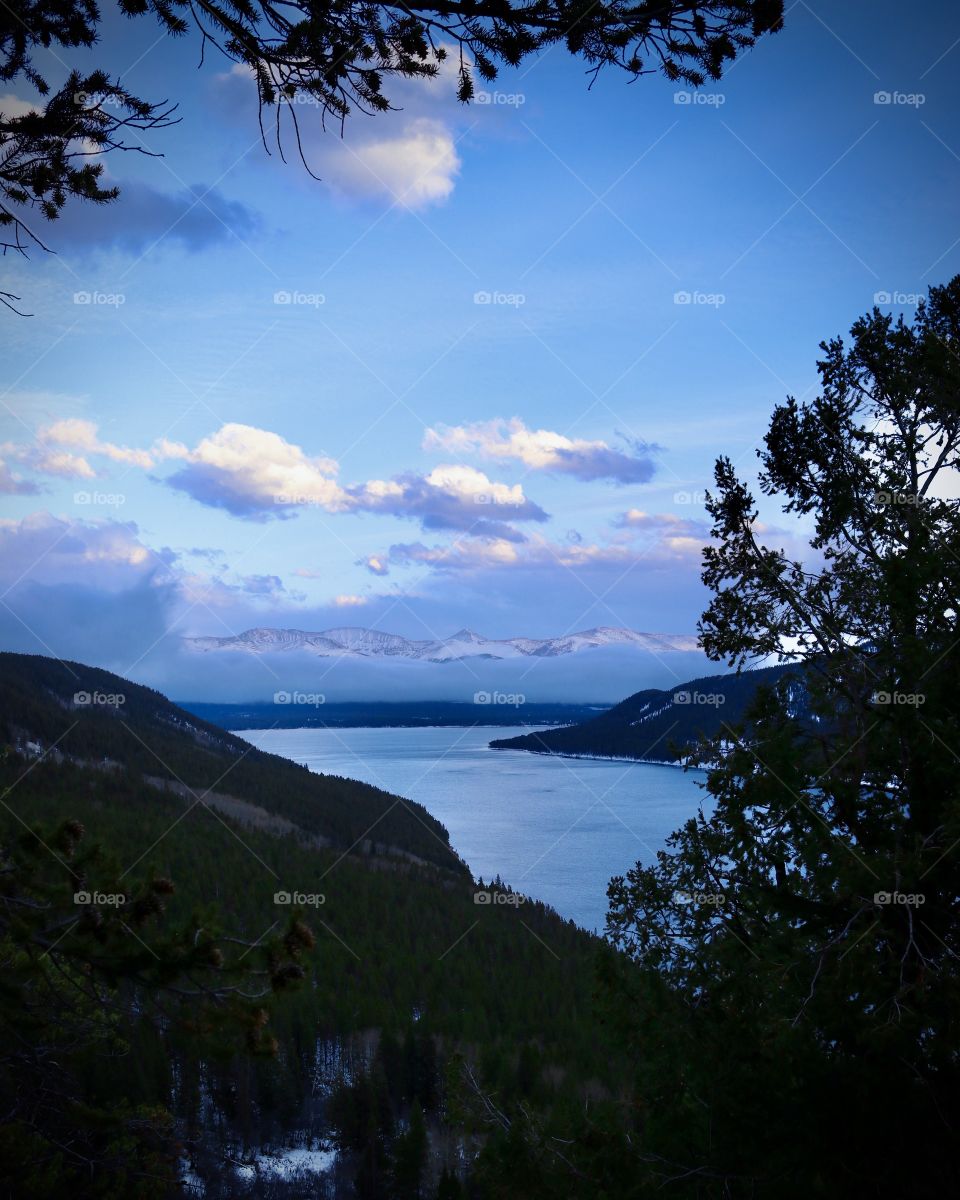 Overlooking the lake in the mountains in autumn. 