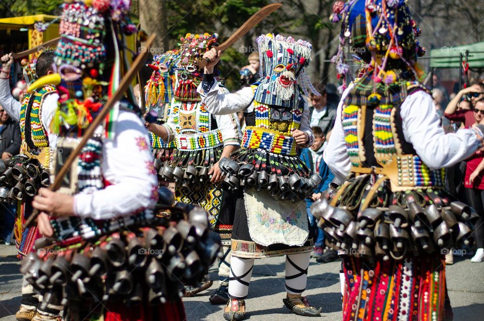 Kukeri Dance. Kukeri are elaborately costumed Bulgarian Men, who Perform Traditional Rituals Intended to Scare Away Evil Spirits