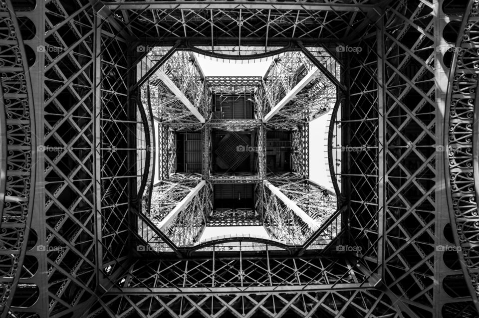 Eiffel Tower. Eiffel Tower in black and white shot from underneath