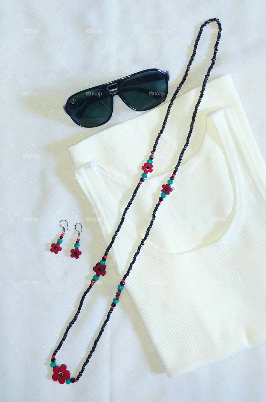 Beautiful summer outfits for girls/ ladies - white T-shirt, Rayban sunglasses, handmade beautiful necklace and  earrings