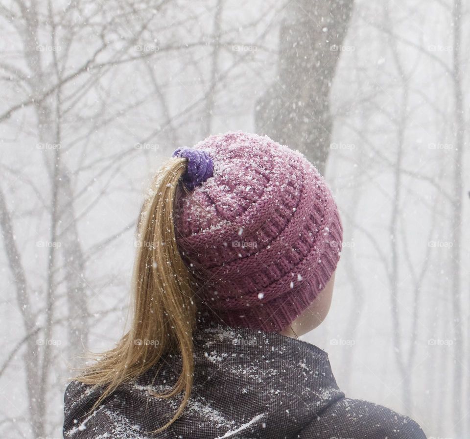 Color:Purple; Purple Knitted Hat during a heavy snow